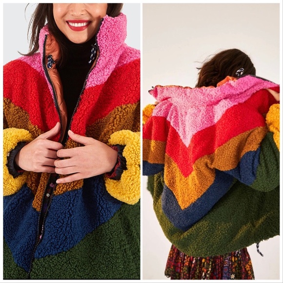 FARM Rio Mixed Macaw Faux-Shearling Reversible Puffer Jacket Rainbow Stripe Coat - Picture 16 of 16